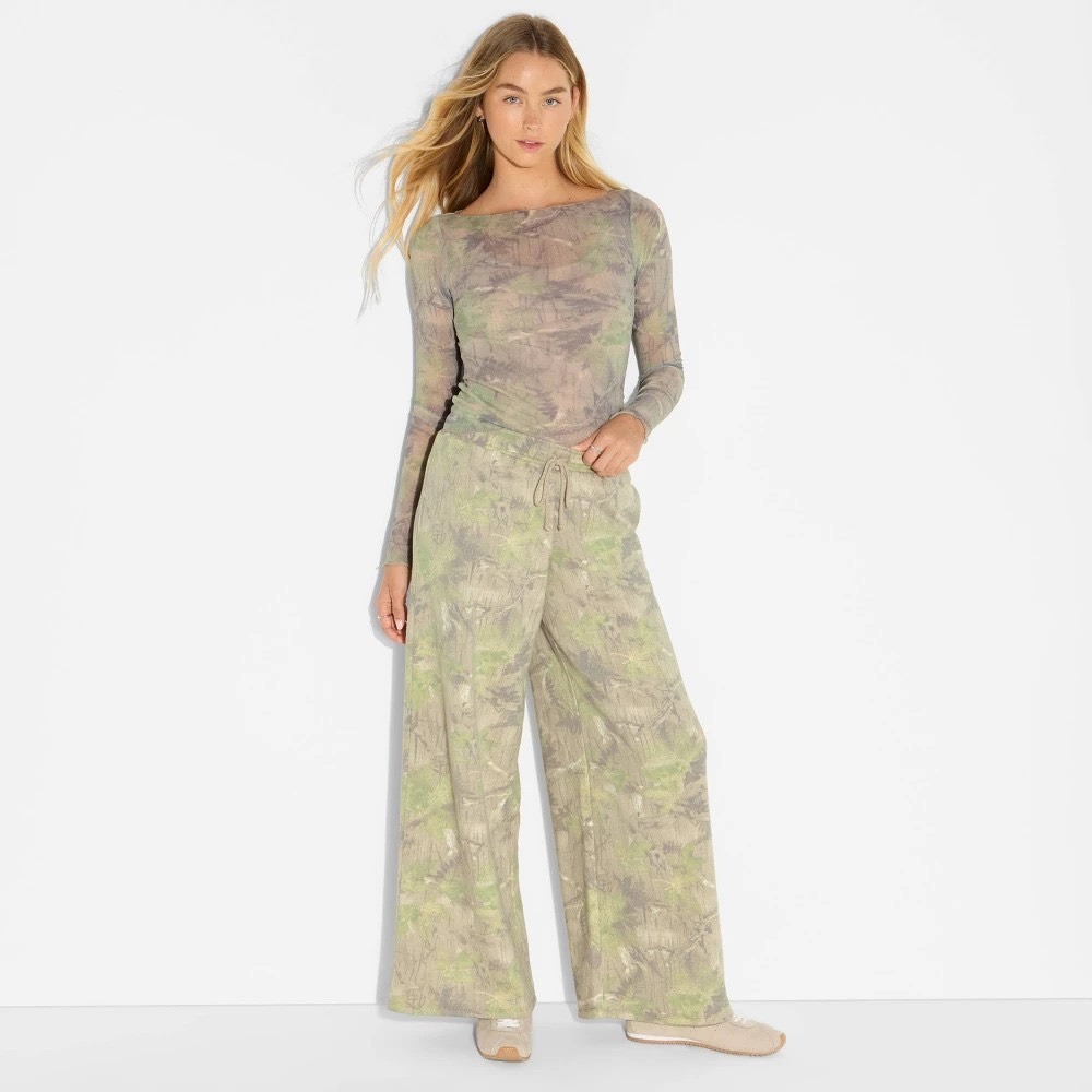 Wild Fable Green Grey Abstract Tie Dye Mesh Long Sleeve Top XXS NWT